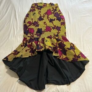 African Wax Print High-Low Mermaid Skirt Yellow Pink Leaf Pattern Ship Wheel Zip